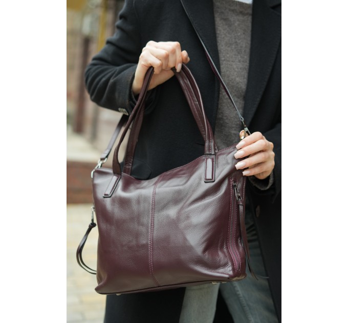 Женская сумка-тоут из натуральной кожи бордово-фиолетовая BAGS4LIFE 2036