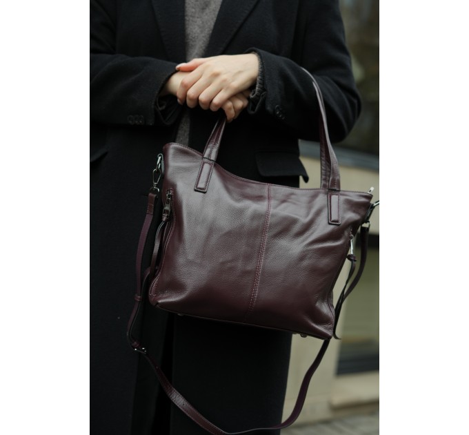 Женская сумка-тоут из натуральной кожи бордово-фиолетовая BAGS4LIFE 2036