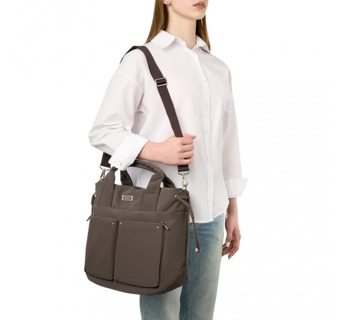 Жіноча сумка-тоут з поліестера коричнева EPOL 6116-01 з затяжкою