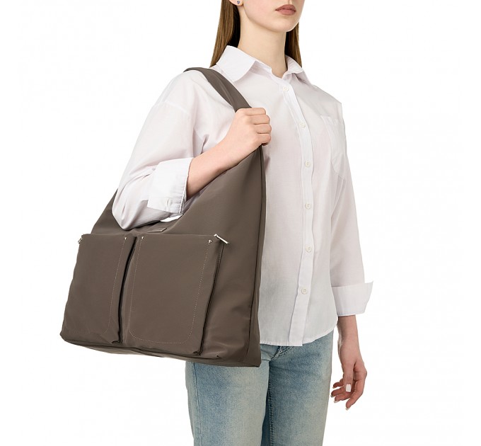 Женская сумка-шоппер из полиэстера коричневая EPOL 6116-04 с накладными карманами