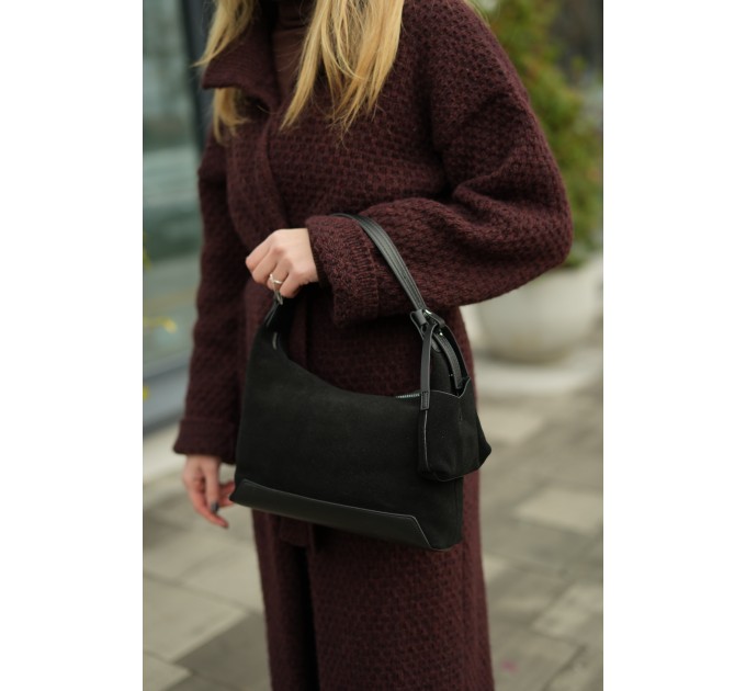 Сумка жіноча з натуральної шкіри та замші чорна BAGS4LIFE 98129 з монетницею