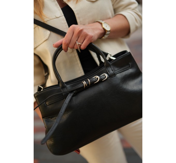 Жіноча сумка-тоут з натуральної шкіри чорна BAGS4LIFE 7019 з ремінцем