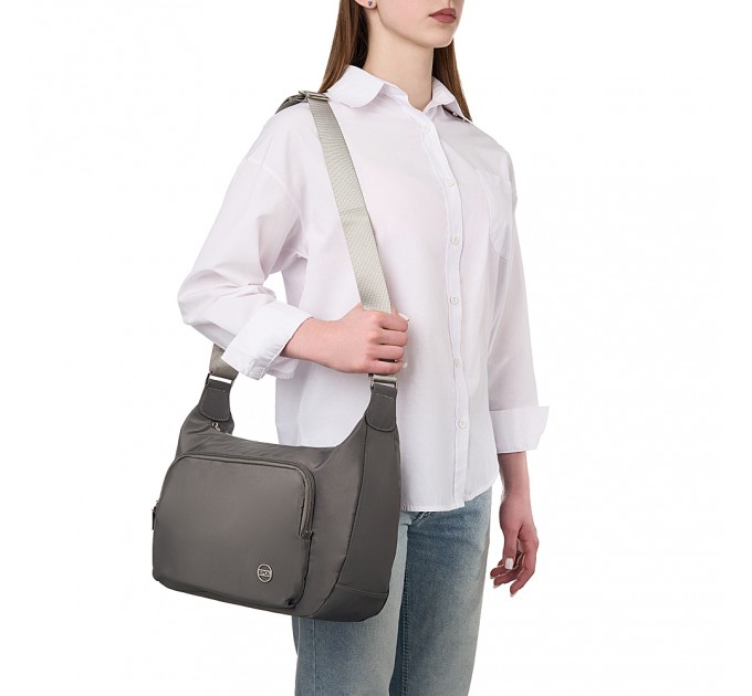 Сумка-мессенджер женская из полиэстера серо-зеленая EPOL 6105-03 с карманом