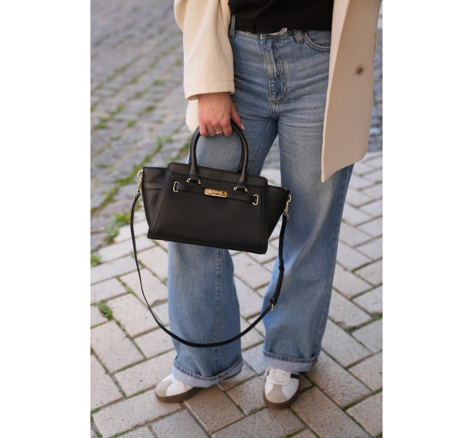 Жіноча сумка-портфель з натуральної шкіри чорна BAGS4LIFE 8302 з ремінцем та двома ручками