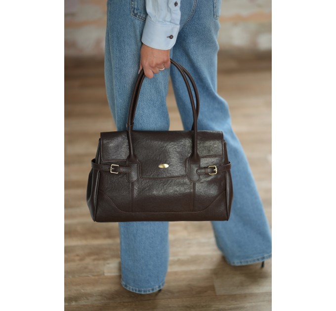 Женская сумка-тоут из натуральной кожи коричневая BAGS4LIFE 6048 с ремешками