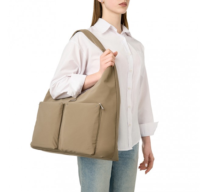 Женская сумка-шоппер из полиэстера светло-коричневая EPOL 6116-04 с накладными карманами