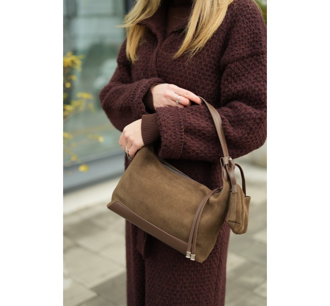 Сумка жіноча з натуральної шкіри та замші коричнева BAGS4LIFE 98129 з монетницею