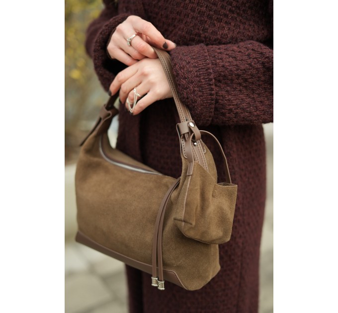 Сумка жіноча з натуральної шкіри та замші коричнева BAGS4LIFE 98129 з монетницею