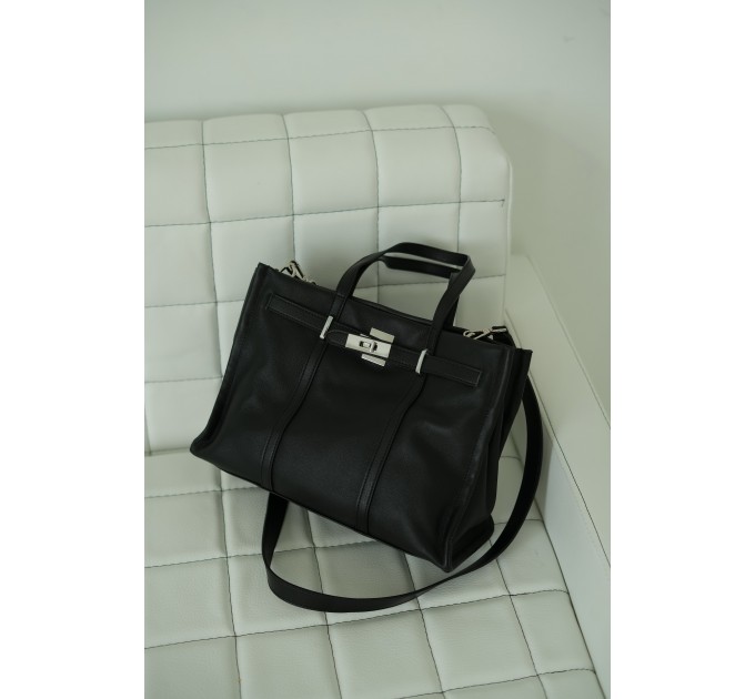 Женская сумка-тоут из натуральной кожи черная BAGS4LIFE 719 с ремешком