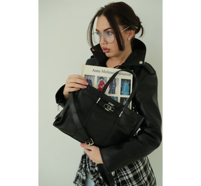 Женская сумка-тоут из натуральной кожи черная BAGS4LIFE 719 с ремешком