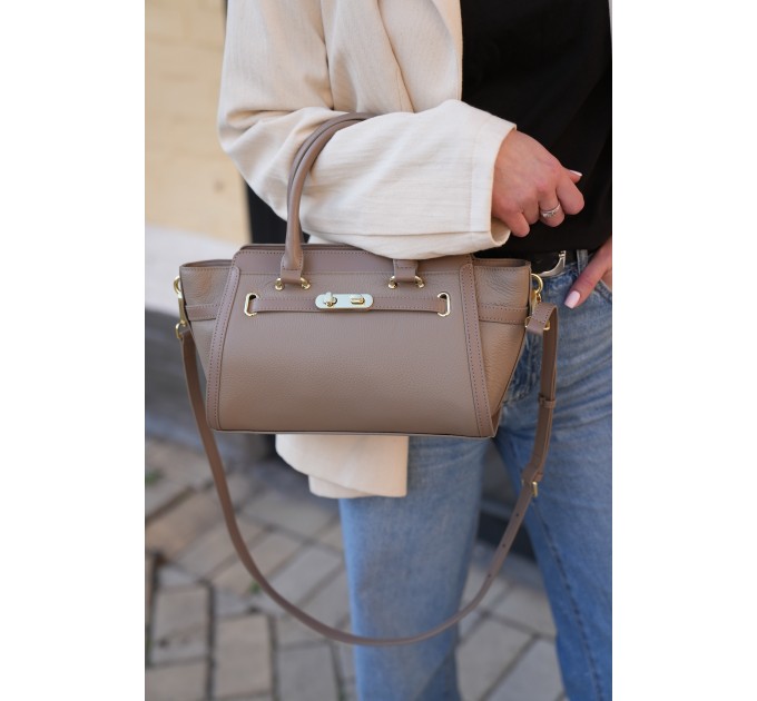 Жіноча сумка-портфель з натуральної шкіри бежева BAGS4LIFE 8302 з ремінцем та двома ручками