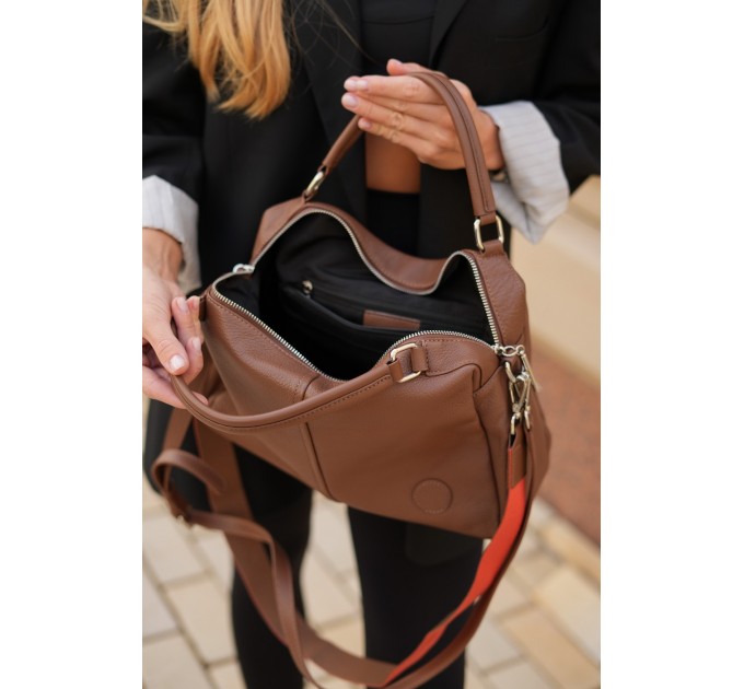 Жіноча сумка-саквояж з натуральної шкіри коричнева BAGS4LIFE 79017 з двома довгими ременями